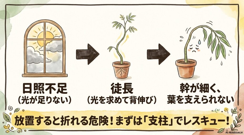 日照不足による徒長で光を求めて背伸びし幹が細くなり、放置すると折れる危険があるためまずは支柱でレスキューが必要であることを解説した窓辺のイラスト