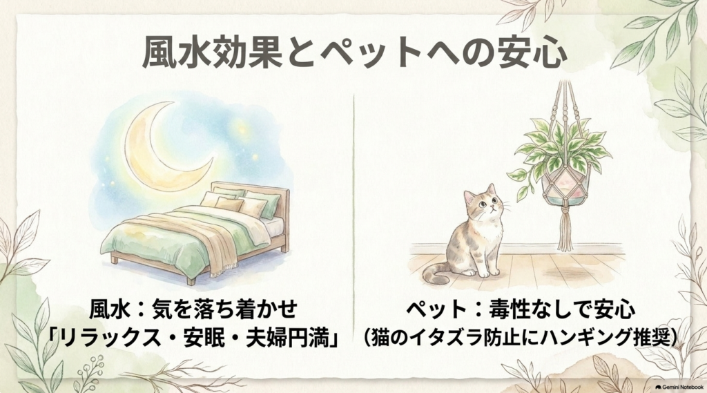 風水効果とペットへの安心を解説するスライド。風水では気を落ち着かせ「リラックス・安眠・夫婦円満」の効果があること、ペットには毒性がないが猫のイタズラ防止にハンギングが推奨されることが、ベッドルームや猫のイラストと共に描かれている。