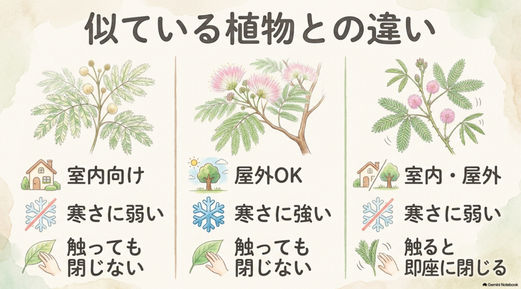 エバーフレッシュ、ネムノキ、オジギソウの違いをまとめた比較表スライド。エバーフレッシュは室内向けで寒さに弱く触っても閉じない。ネムノキは屋外OKで寒さに強く触っても閉じない。オジギソウは室内屋外両用で寒さに弱く触ると即座に閉じるという特徴がまとめられている。