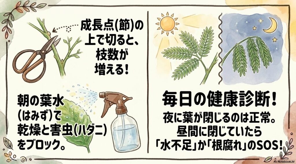 成長点の上で切って枝数を増やす剪定方法、乾燥とハダニ予防になる朝の葉水、昼間に葉が閉じていたら水不足か根腐れのサインであることを知らせる就眠運動について解説した図解