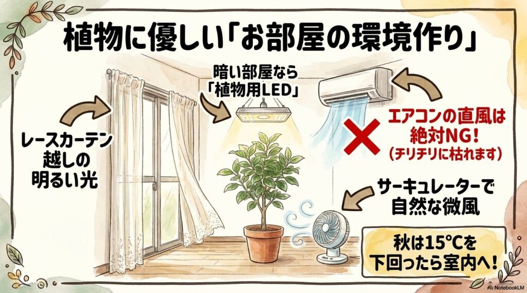 レースカーテン越しの明るい光、暗い部屋での植物用LED、エアコン直風の回避、サーキュレーターによる自然な微風、秋に15度を下回ったら室内へ移動するなど、最適な室内環境をまとめた図解