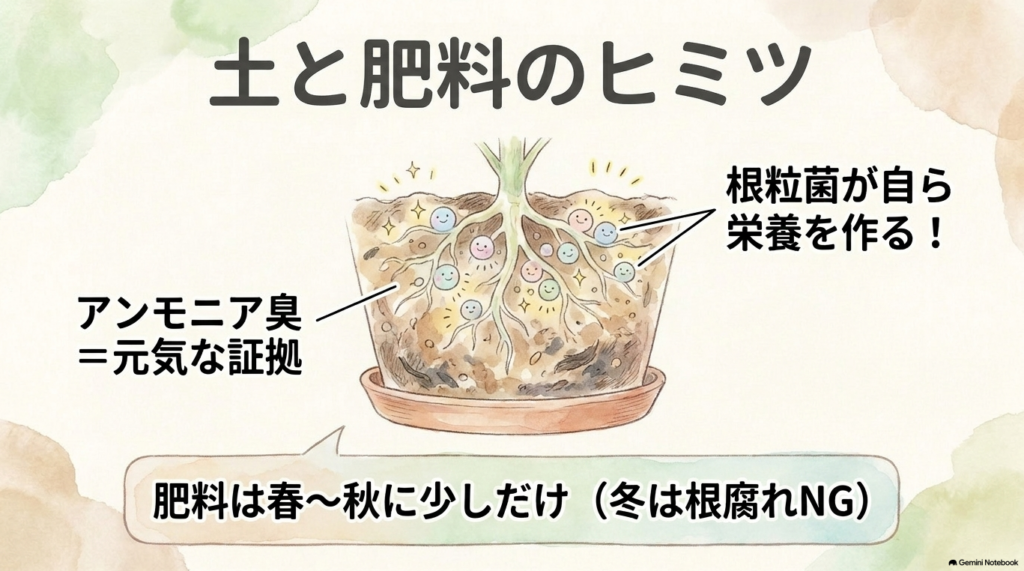 土と肥料の秘密を解説するスライド。根っこにいる根粒菌が自ら栄養を作るため、アンモニア臭は元気な証拠であることが示されている。肥料は春から秋に少しだけ与え、冬は根腐れの原因になるため与えないことがイラストで解説されている。