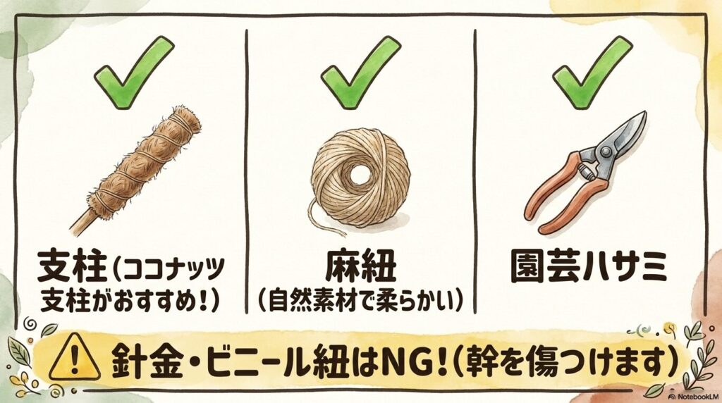 エバーフレッシュの支柱立てに推奨されるココナッツ支柱、自然素材で柔らかい麻紐、園芸ハサミと、幹を傷つけるため使用NGな針金やビニール紐を紹介した図解