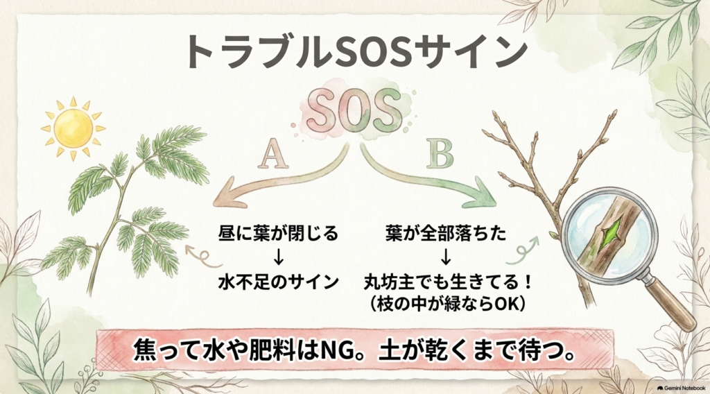 エバーフレッシュのSOSサインを解説するスライド。「昼に葉が閉じる」のは水不足のサインであり、「葉が全部落ちた」丸坊主の状態でも枝の中が緑なら生きていることが記載されている。焦って水や肥料を与えずに土が乾くまで待つよう説明されている。