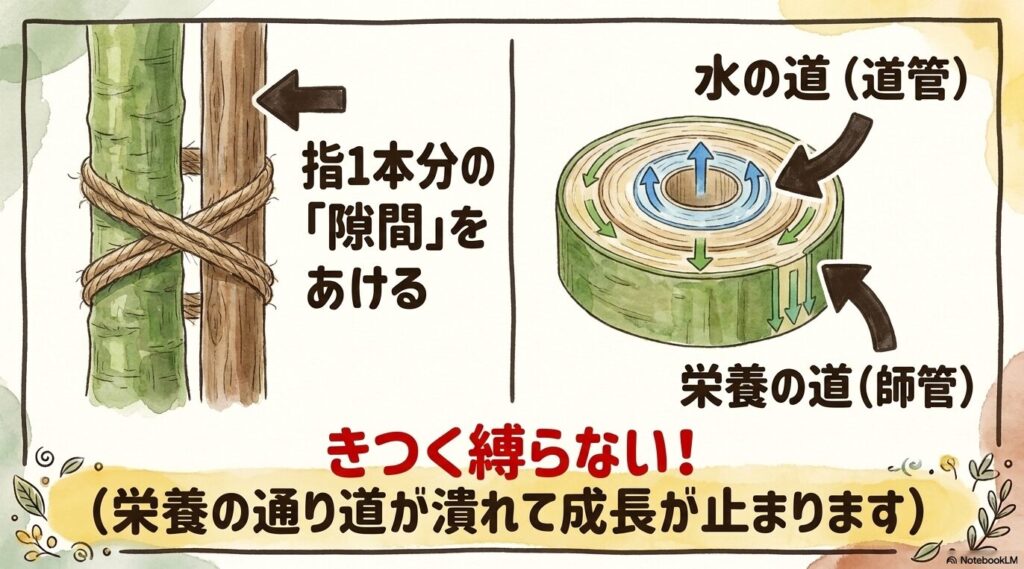 幹の内部にある水分と栄養の通り道である道管と師管の断面図。栄養の通り道が潰れて成長が止まらないよう、指1本分の隙間をあけてきつく縛らないように注意を促す図解