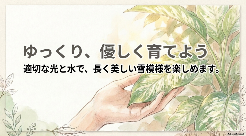 最後のまとめスライド。「ゆっくり、優しく育てよう。適切な光と水で、長く美しい雪模様を楽しめます」という優しいメッセージが添えられている。