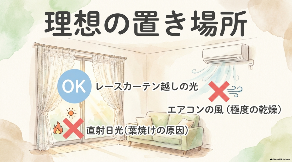 エバーフレッシュの理想の置き場所を解説するスライド。OKな環境として「レースカーテン越しの光」が挙げられている。NGな環境として極度の乾燥を招く「エアコンの風」と葉焼けの原因になる「直射日光」がイラスト付きで説明されている。