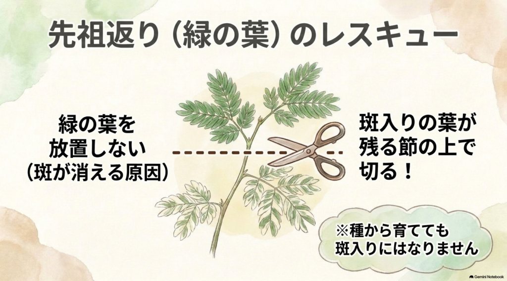 緑の葉が出た際のレスキュー方法を解説するスライド。斑が消える原因になるため緑の葉を放置せず、斑入りの葉が残る節の上で切ることが推奨されている。また「種から育てても斑入りにはなりません」と補足されている。