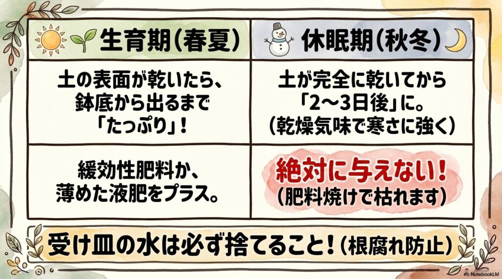 春夏は土の表面が乾いたら鉢底から出るまでたっぷり水と緩効性肥料を与え、秋冬は土が完全に乾いてから2から3日後に水やりをし肥料は絶対に与えないという、季節ごとの管理方法の比較表