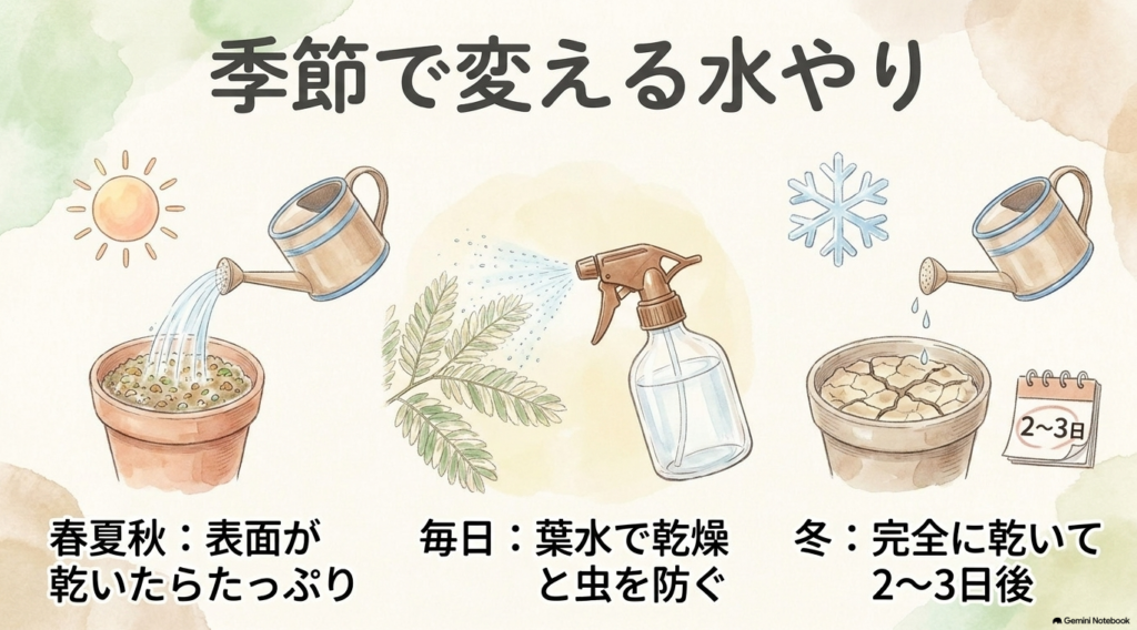 季節ごとの水やりの違いを解説するスライド。ジョウロや霧吹き、ひび割れた土のイラストが描かれている。「春夏秋：表面が乾いたらたっぷり」「冬：完全に乾いて2〜3日後」「毎日：葉水で乾燥と虫を防ぐ」と記載されている。