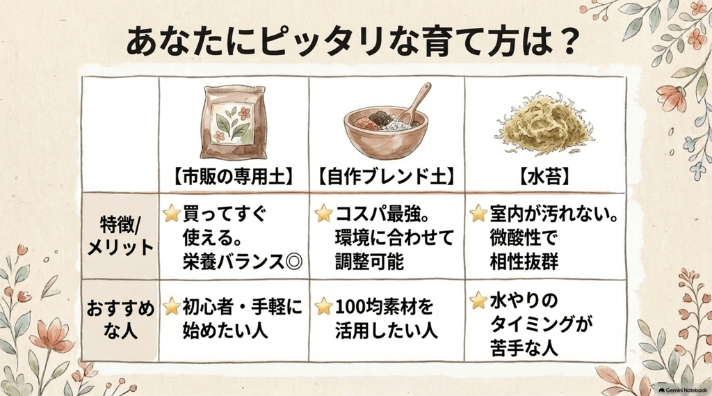 「あなたにピッタリな育て方は？」というタイトルの比較表。市販の専用土（初心者向け）、自作ブレンド土（100均素材を活用したい人向け）、水苔（水やりのタイミングが苦手な人向け）の3つの方法について、それぞれの特徴とおすすめな人がまとめられています。