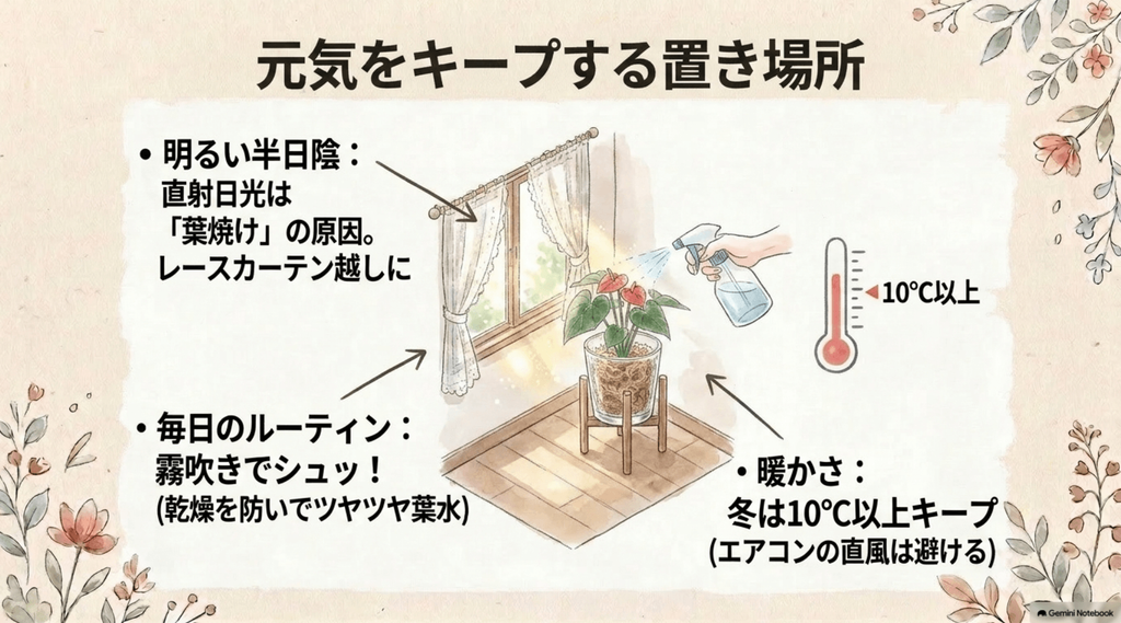アンスリウムの鉢植えと温度計のイラスト。「元気をキープする置き場所」として、直射日光を避けたレースカーテン越しの明るい半日陰、毎日の霧吹き（葉水）、冬は10℃以上をキープしエアコンの直風を避けることが箇条書きで説明されています。