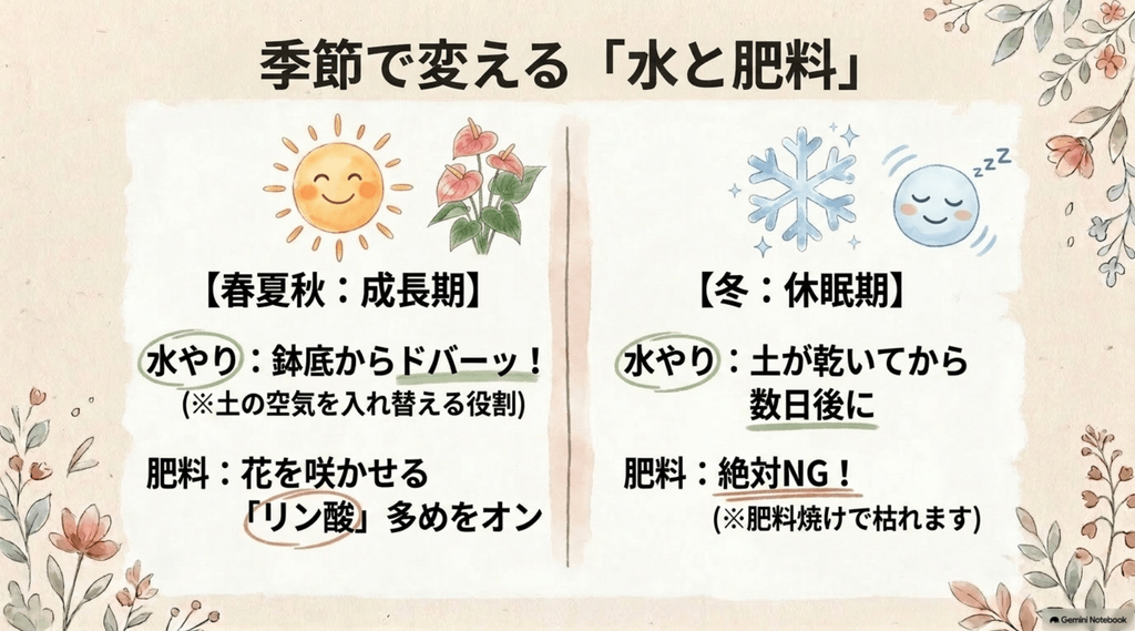 「季節で変える「水と肥料」」というタイトルのスライド。春夏秋の成長期は鉢底からドバーッと水やりし、リン酸多めの肥料を与えること、冬の休眠期は土が乾いてから数日後に水やりし、肥料は絶対に与えないこと（肥料焼けで枯れるため）がアイコンと共に解説されています。