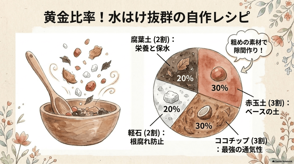 アンスリウム用土の黄金比率を示す円グラフ。ココチップ30%（最強の通気性）、赤玉土30%（ベースの土）、腐葉土20%（栄養と保水）、軽石20%（根腐れ防止）の割合が示され、「粗めの素材で隙間作り！」と書かれています。