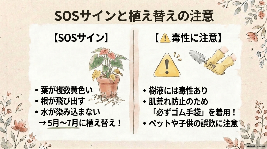 「SOSサインと植え替えの注意」というタイトルのスライド。葉が複数黄色い、根が飛び出すなどのSOSサインが出たら5〜7月に植え替えが必要なことと、樹液の毒性に注意し必ずゴム手袋を着用すること、ペットや子供の誤飲に注意することが書かれています。
