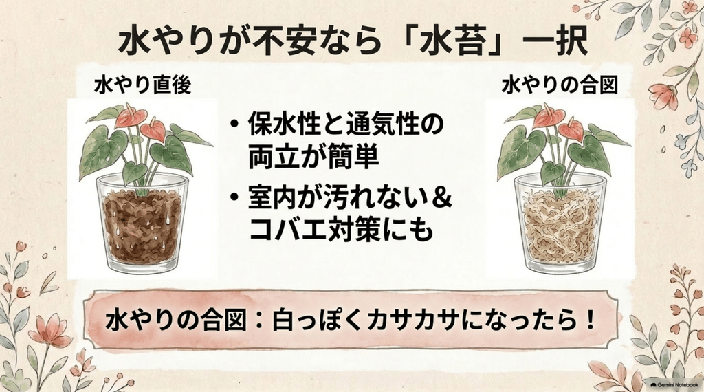 ガラスの容器で水苔を使って育てられているアンスリウムのイラスト。「水やりが不安なら「水苔」一択」というタイトルで、保水性と通気性が両立でき室内が汚れないメリットと、「白っぽくカサカサになったら！」という水やりの合図が解説されています。