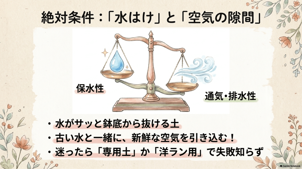 天秤のイラスト。左の皿には水滴（保水性）、右の皿には風（通気・排水性）が乗っており、バランスを取っています。「絶対条件：「水はけ」と「空気の隙間」」という見出しとともに、水がサッと抜ける土や、新鮮な空気を引き込む重要性が説明されています。
