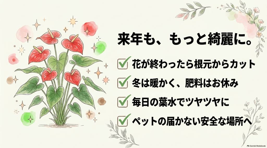 アンスリウムを来年も綺麗に咲かせるための4つのポイント（花が終わったら根元からカット、冬は暖かく肥料はお休み、毎日の葉水、安全な場所への配置）を振り返るまとめスライド