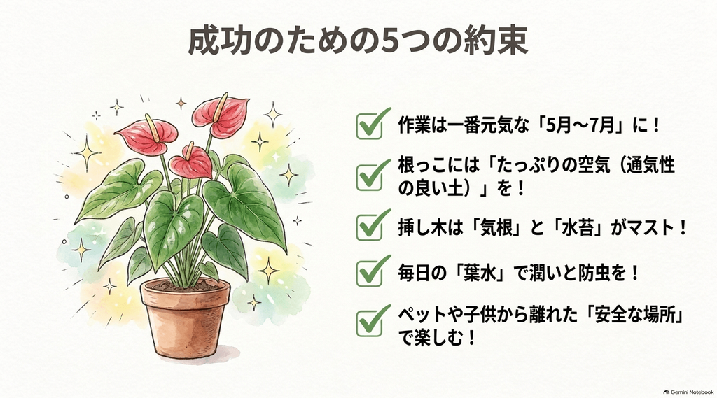 キラキラと輝く元気なアンスリウムの鉢植えイラスト。「成功のための5つの約束」として、時期、空気(通気性の良い土)、水苔、葉水、安全な場所に関する5つのチェック項目が書かれたテキスト。