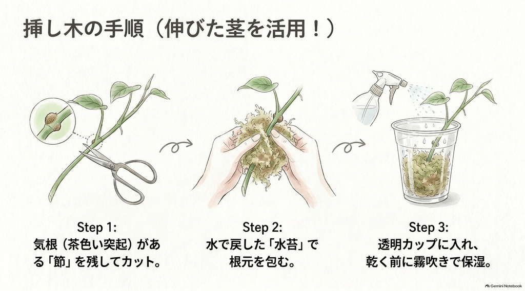 透明なカップに水苔で植えられた挿し木アンスリウムのイラスト。「Step1:気根がある節を残してカット」「Step2:水苔で根元を包む」「Step3:透明カップに入れ霧吹きで保湿」という挿し木手順のテキスト。