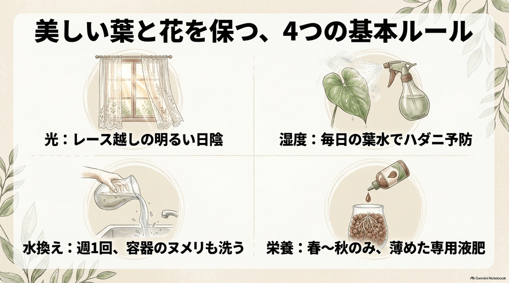 光（レース越しの明るい日陰）、湿度（葉水）、水換え（週1回）、栄養（春〜秋の専用液肥）というアンスリウムを美しく保つ4つの基本ルールを表したイラスト