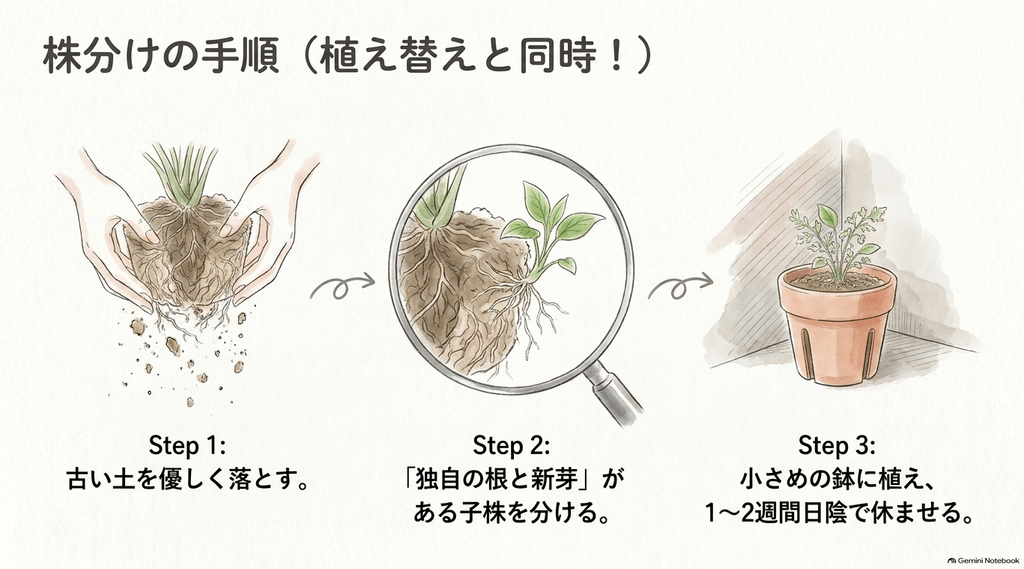 スコップとアンスリウムの株のイラスト。「Step1:古い土を優しく落とす」「Step2:独自の根と新芽がある子株を分ける」「Step3:小さめの鉢に植え、1〜2週間日陰で休ませる」という株分け手順のテキスト。