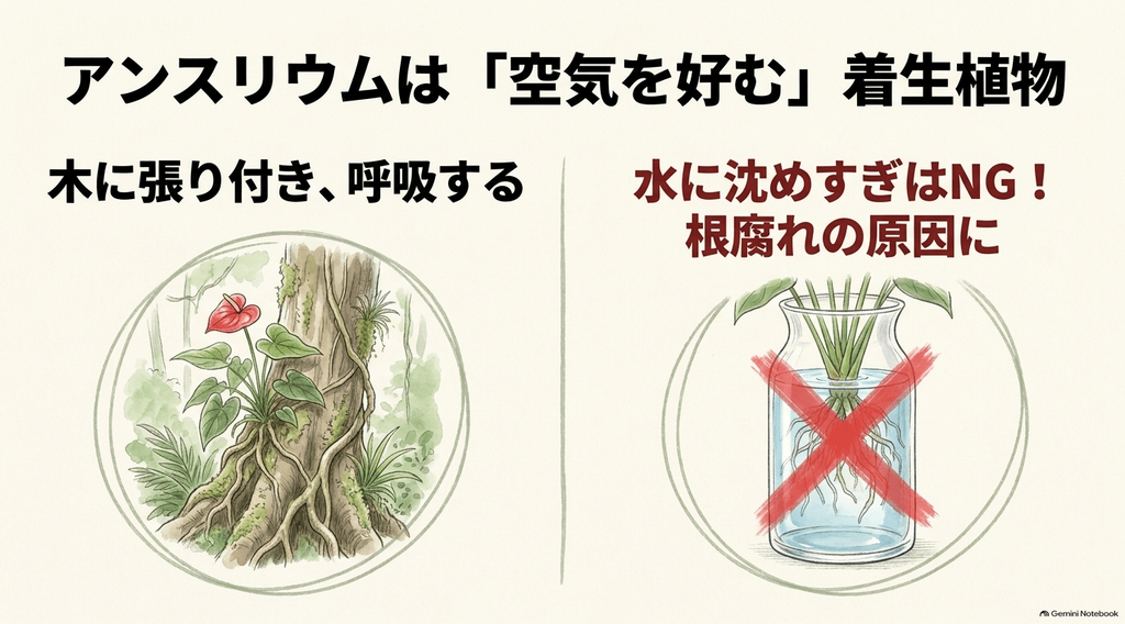 木に張り付いて育つアンスリウムのイラストと、水に完全に沈められた根にバツ印がつけられ「水に沈めすぎはNG!根腐れの原因に」と書かれた注意喚起のイラスト