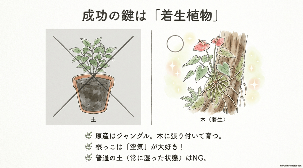 木に根を絡ませて着生している元気なアンスリウムのイラストと、普通の土に植えられて大きくバツ印がつけられた鉢植えのイラスト。「成功の鍵は『着生植物』」「根っこは『空気』が大好き!普通の土はNG」というテキスト。