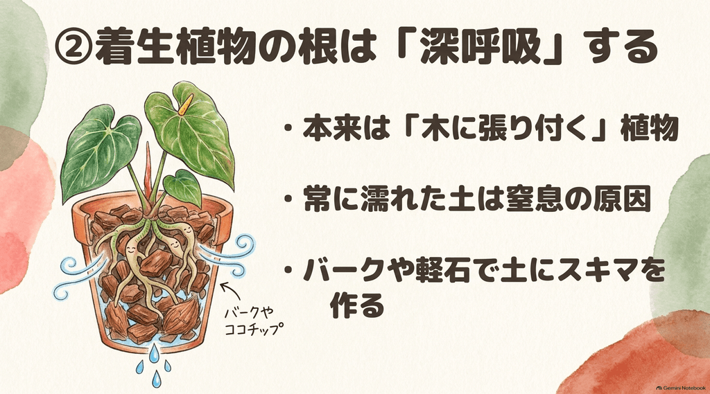 アンスリウムの根の環境を解説したイラスト。本来は木に張り付く植物であるため、常に濡れた土は窒息の原因となり、バークやココチップを使って土に隙間を作ることが重要であることを示している。