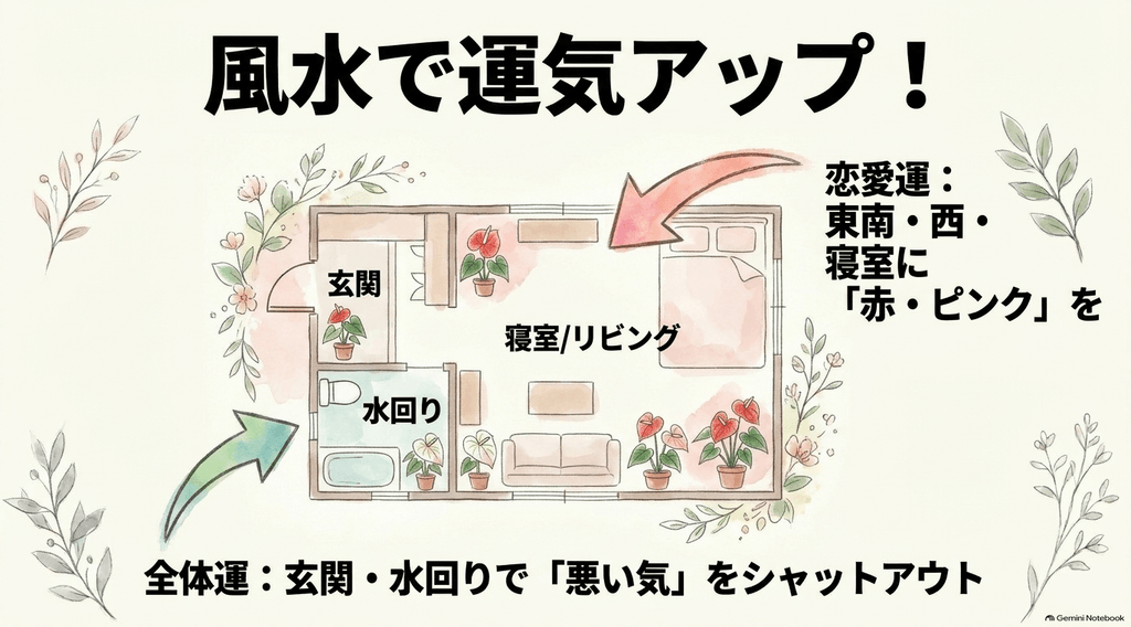 家の間取り図を用いて、アンスリウムの風水効果（東南・西・寝室への配置で恋愛運アップ、玄関・水回りで悪い気をシャットアウト）を解説したスライド