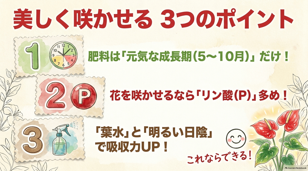 肥料は5〜10月の成長期だけ、花を咲かせるならリン酸多め、葉水と明るい日陰で吸収力UPという3つの重要ポイントをまとめたスライド
