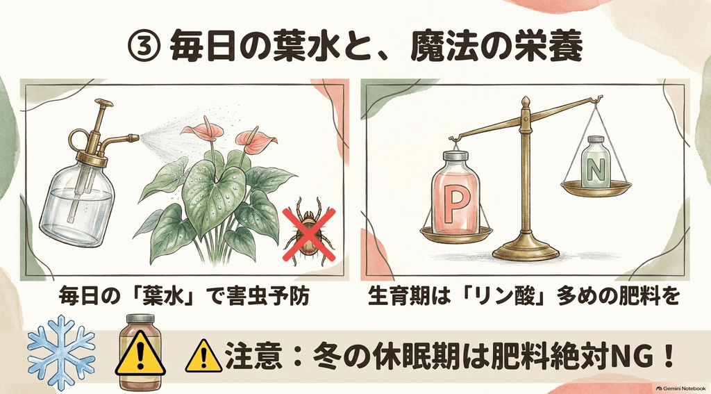 アンスリウムの肥料と葉水に関するイラスト。毎日の葉水で害虫予防ができること、生育期にはリン酸多めの肥料を与えること、そして冬の休眠期は肥料が絶対NGであることを解説している。