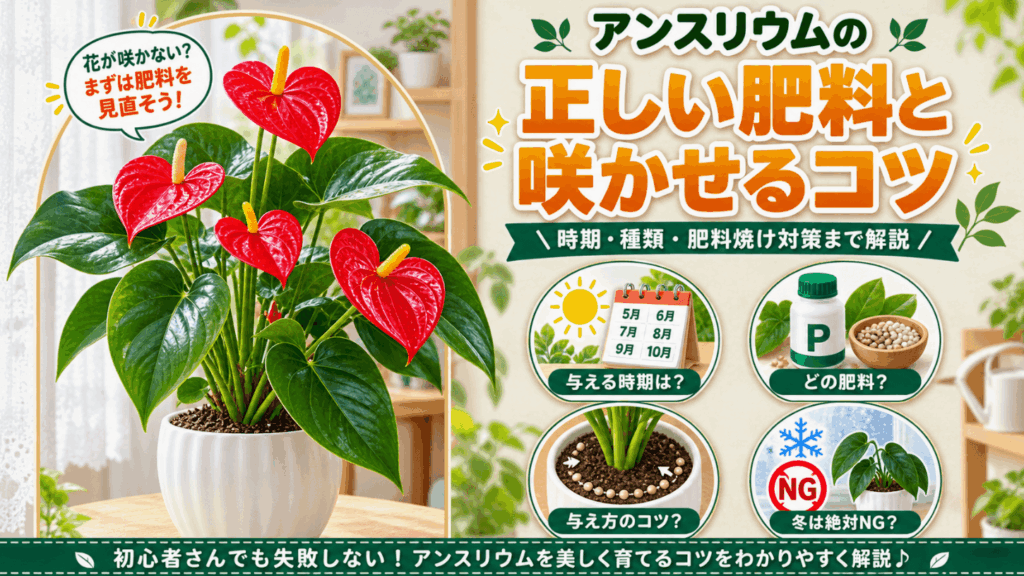 赤い花を咲かせたアンスリウムの鉢植えと、「アンスリウムの正しい肥料と咲かせるコツ」というテキストが書かれた記事のアイキャッチ画像。与える時期、肥料の種類、与え方のコツ、冬のお手入れ（NG行動）について図解しています。