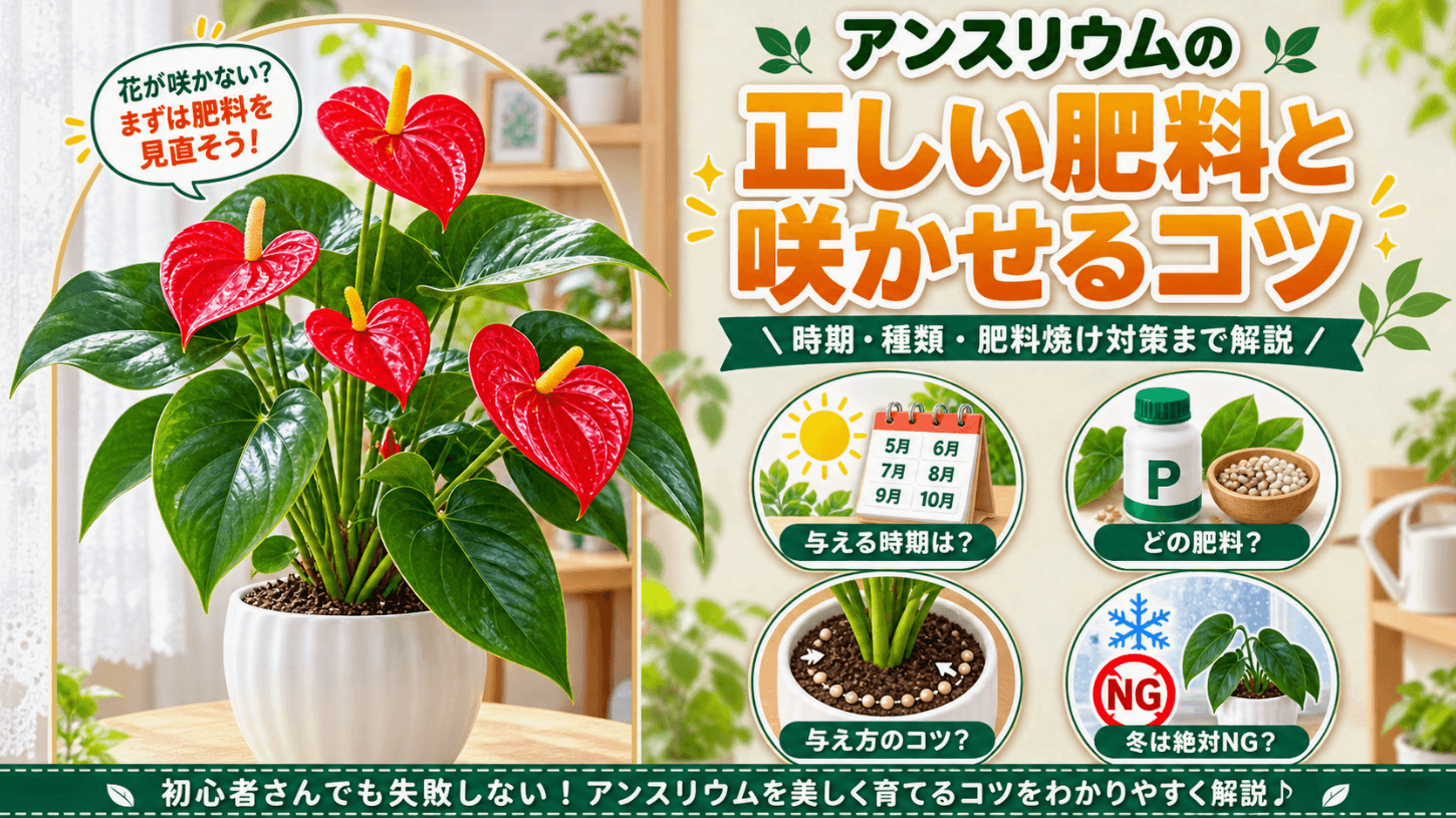 赤い花を咲かせたアンスリウムの鉢植えと、「アンスリウムの正しい肥料と咲かせるコツ」というテキストが書かれた記事のアイキャッチ画像。与える時期、肥料の種類、与え方のコツ、冬のお手入れ（NG行動）について図解しています。
