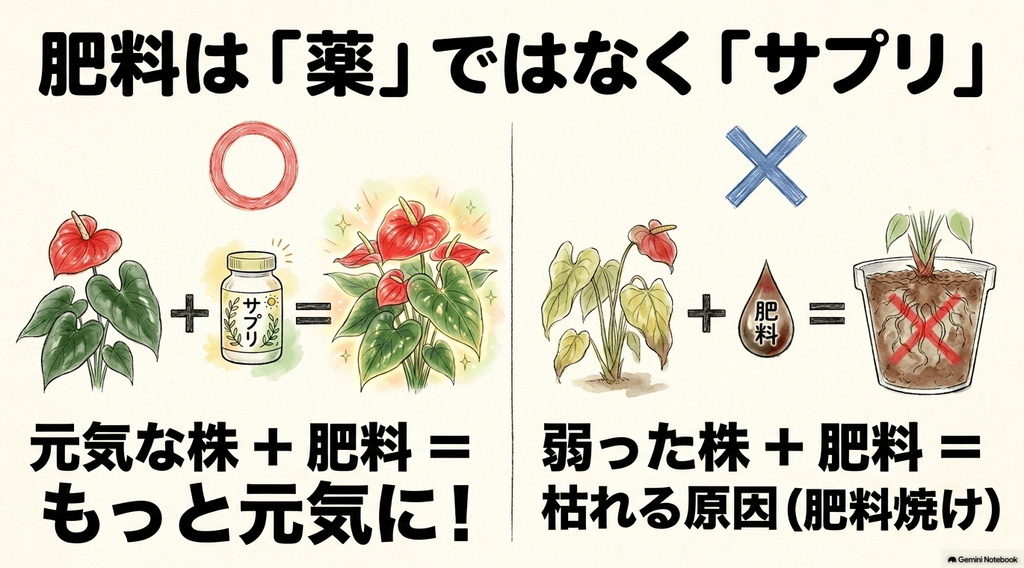 元気な株にサプリを与えるとさらに元気になるが、弱った株に肥料を与えると根腐れして枯れる原因(肥料焼け)になることを図解したイラスト