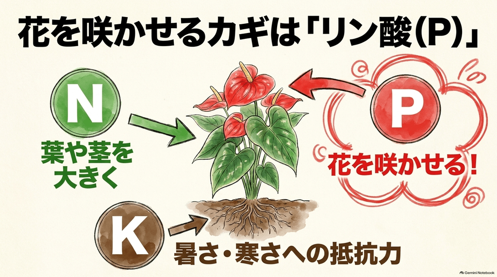N(窒素)は葉や茎を大きくし、P(リン酸)は花を咲かせ、K(カリウム)は暑さや寒さへの抵抗力をつけるという肥料の三大要素の役割をまとめたスライド