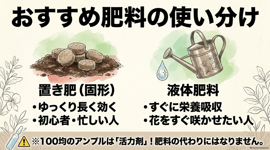 ゆっくり長く効く置き肥は初心者向け、すぐに吸収される液体肥料は早く花を咲かせたい人向けであることと、100均のアンプルは活力剤であり肥料の代わりにはならないことを説明した図