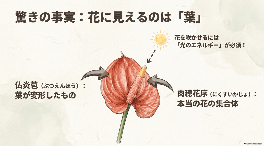 アンスリウムの花の構造を解説したイラスト。赤く花に見える部分は葉が変形した「仏炎苞」であり、中心の棒状の部分が本当の花の集合体である「肉穂花序」であることを示している。