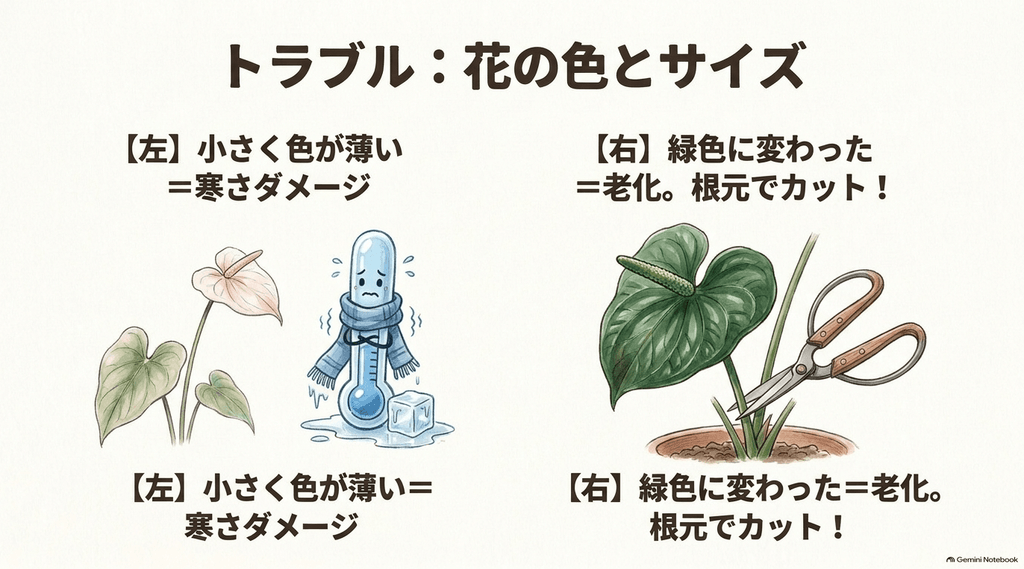 アンスリウムの花の変化に関する解説イラスト。花が小さく色が薄い場合は寒さによるダメージが原因であり、花が緑色に変わった場合は老化のサインであるため根元でカットすべきであることを示している。