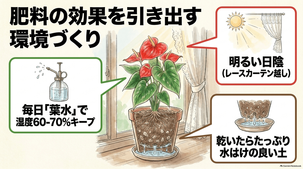 明るい日陰(レースカーテン越し)、毎日葉水で湿度60-70%キープ、乾いたらたっぷり水はけの良い土を与えるという環境づくりをジョウロのイラストとともにまとめたスライド