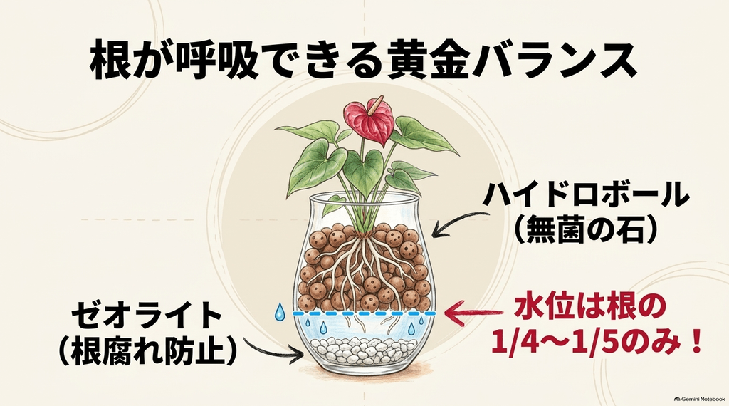 ガラス容器の底にゼオライト、その上にハイドロボールを敷き詰め、水位を根の先端1/4〜1/5に保つ「根が呼吸できる黄金バランス」の図解