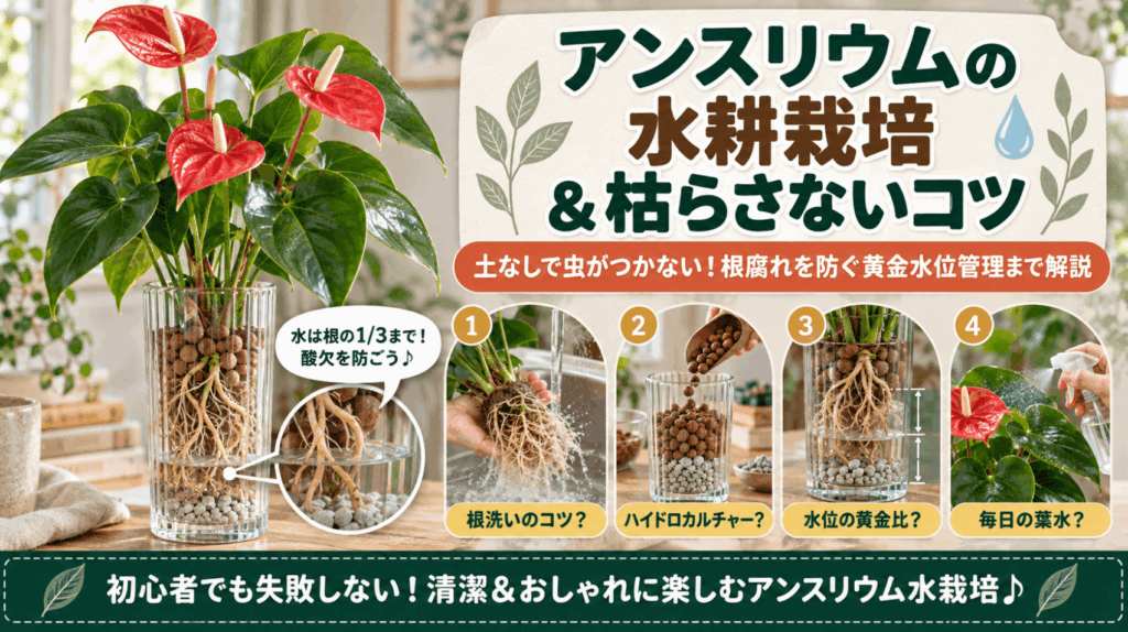 「アンスリウムの水耕栽培＆枯らさないコツ」と書かれたブログ記事のアイキャッチ画像。ガラス容器でハイドロカルチャー栽培されている赤いアンスリウムを中心に、根洗い、定植、水位の黄金比、毎日の葉水といった4つの手順が写真付きで紹介されています。
