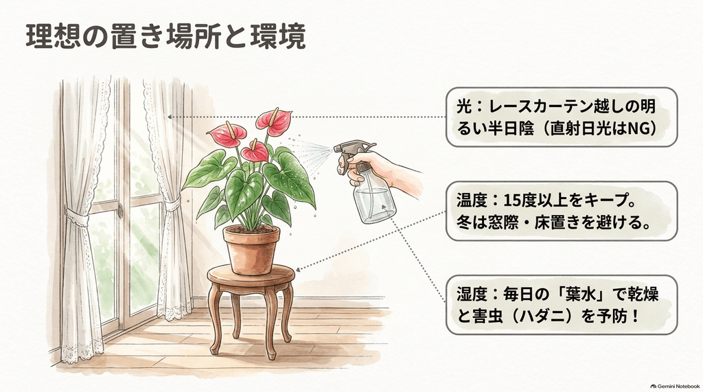 アンスリウムに霧吹きで葉水をしているイラスト。光(レースカーテン越しの半日陰)、温度(15度以上)、湿度(毎日の葉水)に関する理想の環境をまとめたテキスト。