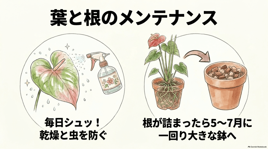 霧吹きで葉水をするイラストとともに、毎日の葉水による乾燥・虫対策と、根詰まり時の5〜7月の植え替えについて解説したスライド