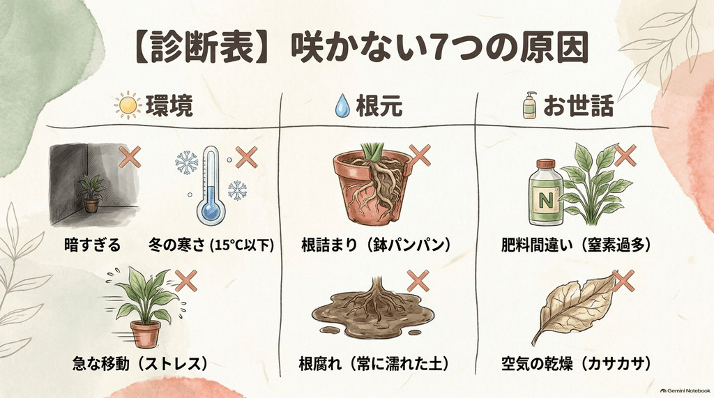 アンスリウムの花が咲かない7つの原因をまとめた診断表のイラスト。暗すぎる環境、冬の寒さ、根詰まり、窒素過多の肥料間違い、急な移動によるストレス、根腐れ、空気の乾燥が原因であることを挙げている。