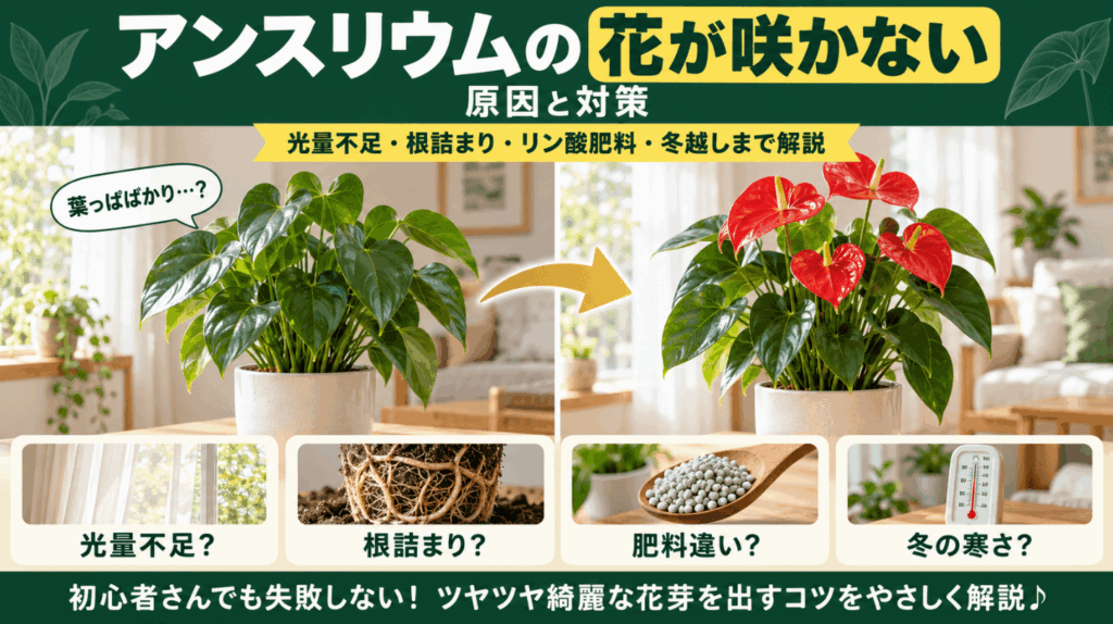 「アンスリウムの花が咲かない原因と対策」と書かれたブログのアイキャッチ画像。葉っぱばかりのアンスリウムから赤い花が綺麗に咲く様子への変化や、光量不足・根詰まり・肥料間違い・冬の寒さといった具体的な原因を表す写真が配置されている。