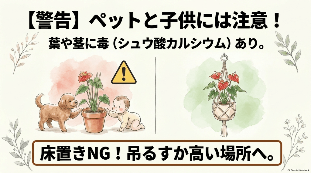 犬と赤ちゃんが鉢植えに触れようとしているイラストと、ハンギングプランターのイラストとともに、葉や茎に含まれるシュウ酸カルシウムの毒性への注意喚起と、床置きを避けて吊るす対策を伝えるスライド