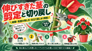 アンスリウムの伸びすぎた茎の剪定と切り戻し方法を解説したアイキャッチ画像。ベストな時期(5〜7月)、気根を残したカット、水挿しでの発根、同時植え替えの禁止など、初心者向けの仕立て直しのコツを図解しています。