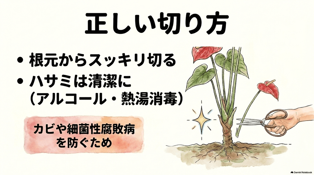 アンスリウムの正しい切り方として、根元からスッキリ切ること、カビや細菌性腐敗病を防ぐためにハサミをアルコールや熱湯で清潔に消毒することを解説したスライド