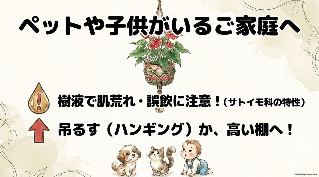 サトイモ科の樹液による肌荒れや誤飲に注意し、犬や猫などのペットや子供がいる家庭ではハンギングで吊るすか高い棚へ置くことを推奨する犬と猫のイラスト入りスライド